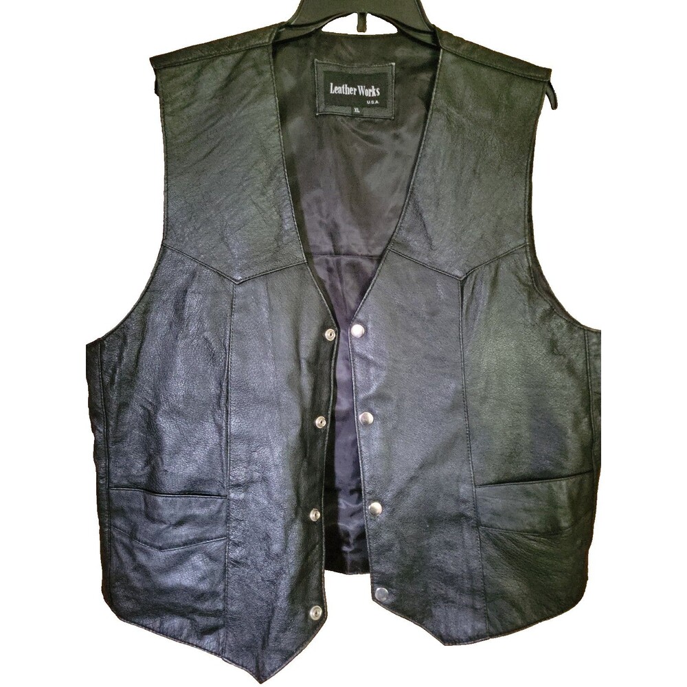 Leather Works USA Black Leather Vest XL Snap Front Biker Western Classic